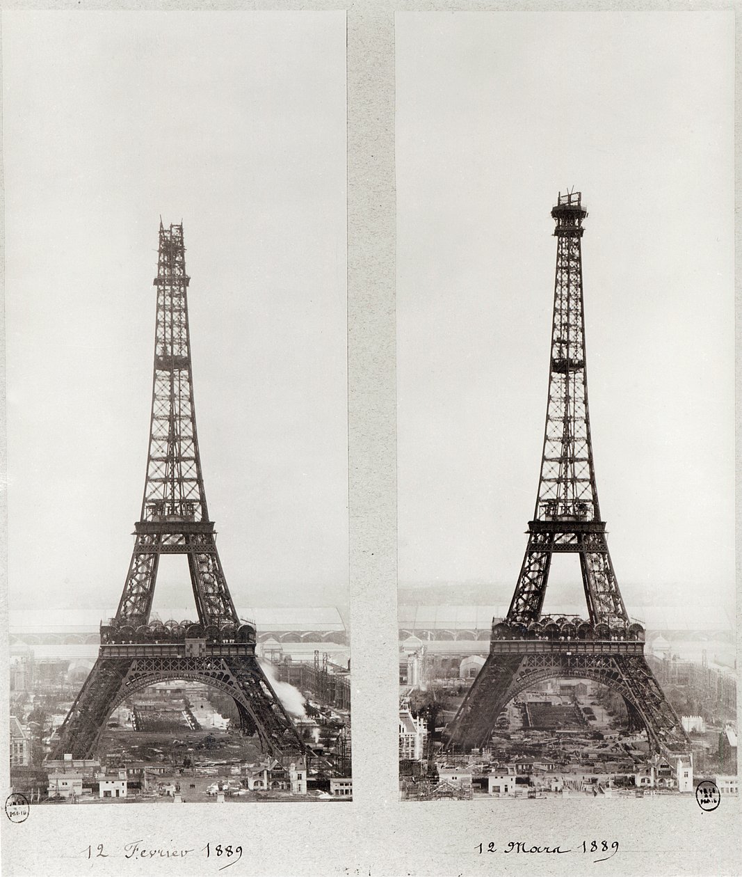 Dwa widoki na budowę wieży Eiffla, Paryż, 12 lutego i 12 marca 1889 r. autorstwa French Photographer