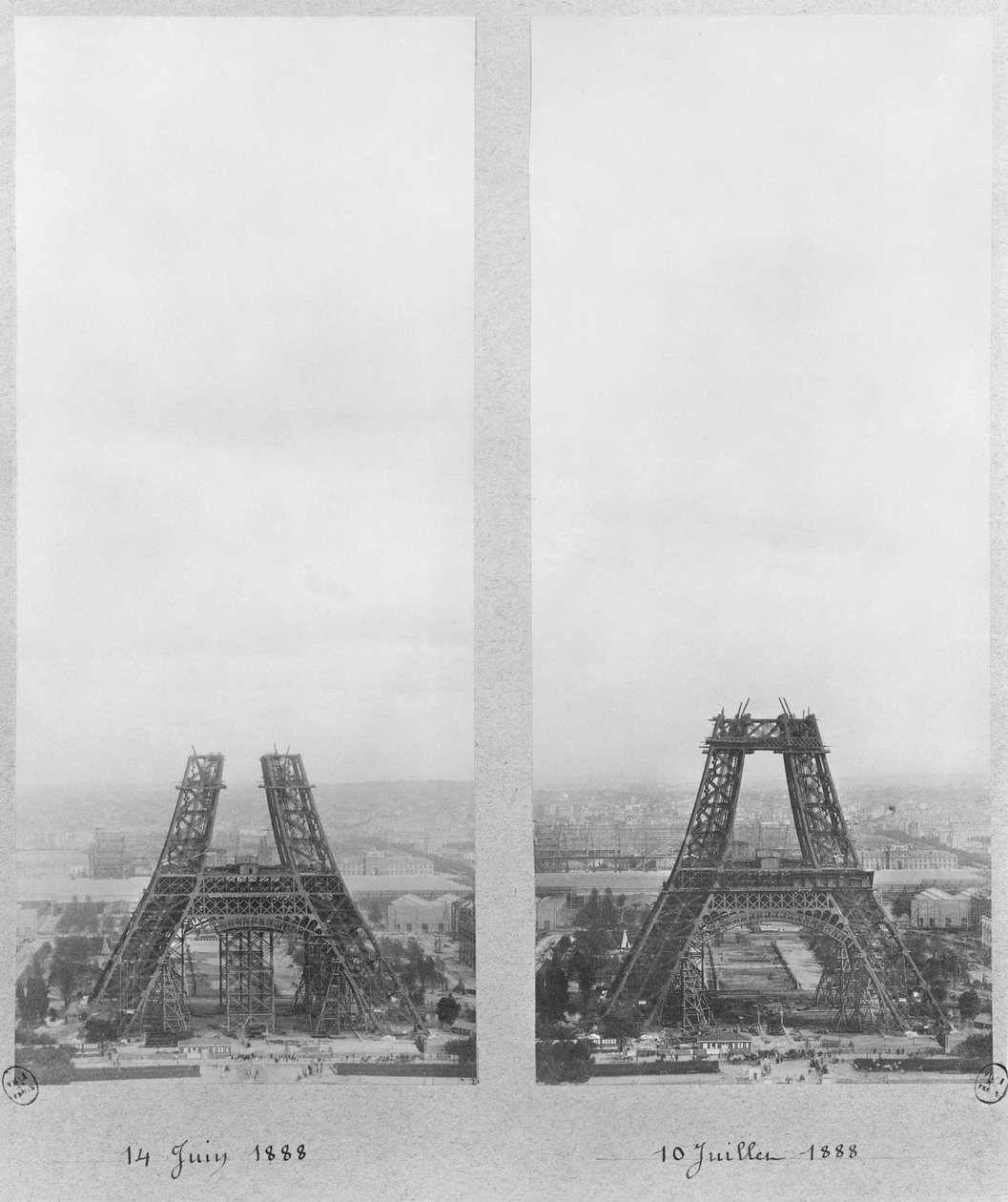 Dwa widoki na budowę Wieży Eiffla, Paryż, 14 czerwca i 10 lipca 1888 r. autorstwa French Photographer