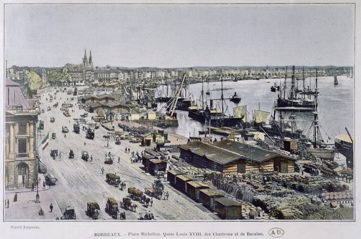 Widok na port w Bordeaux z Place Richelieu i Quais Louis XVIII, des Chartrons und de Bacalan, koniec XIX wieku (zdjęcie kolorowe) autorstwa French Photographer