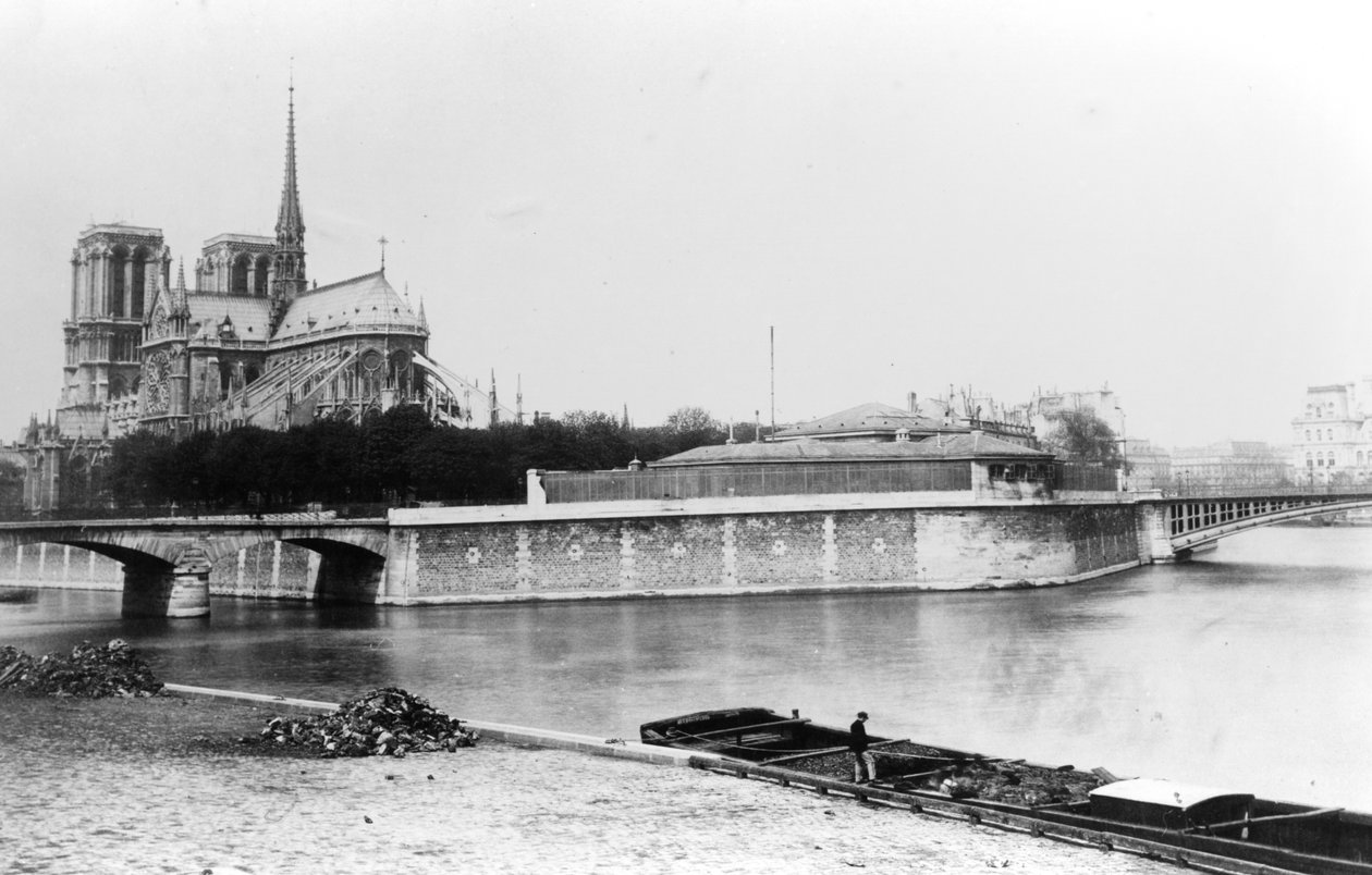 Widok katedry Notre-Dame w Paryżu, Quai de la Tournelle i Sekwany, ok. 1900 autorstwa French Photographer