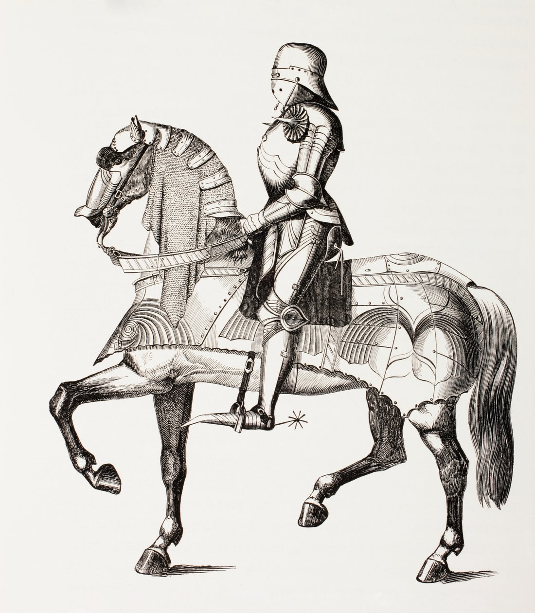 XV-wieczny rycerz w pełnej zbroi na koniu odziany w zbroję, z „Les Arts au Moyen Age”, opublikowany 1873 autorstwa French School