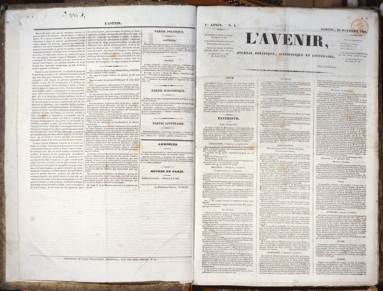 I numer Dziennika LAvenir, 16 listopada 1830 (papier drukowany) autorstwa French School