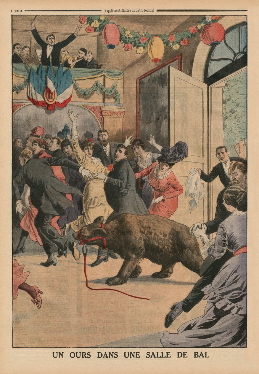 Niedźwiedź w sali balowej, ilustracja na tylnej okładce z "Le Petit Journal", supplement illustre, 21 czerwca 1914 r. autorstwa French School