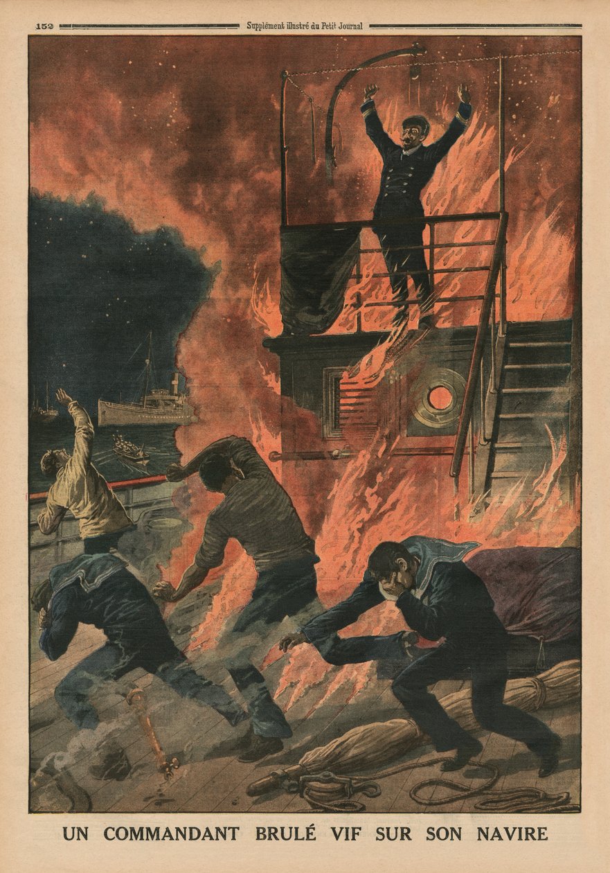 Kapitan spalony żywcem na pokładzie swojego statku, ilustracja na tylnej okładce z „Le Petit Journal”, dodatek ilustr., 10 maja 1914 autorstwa French School