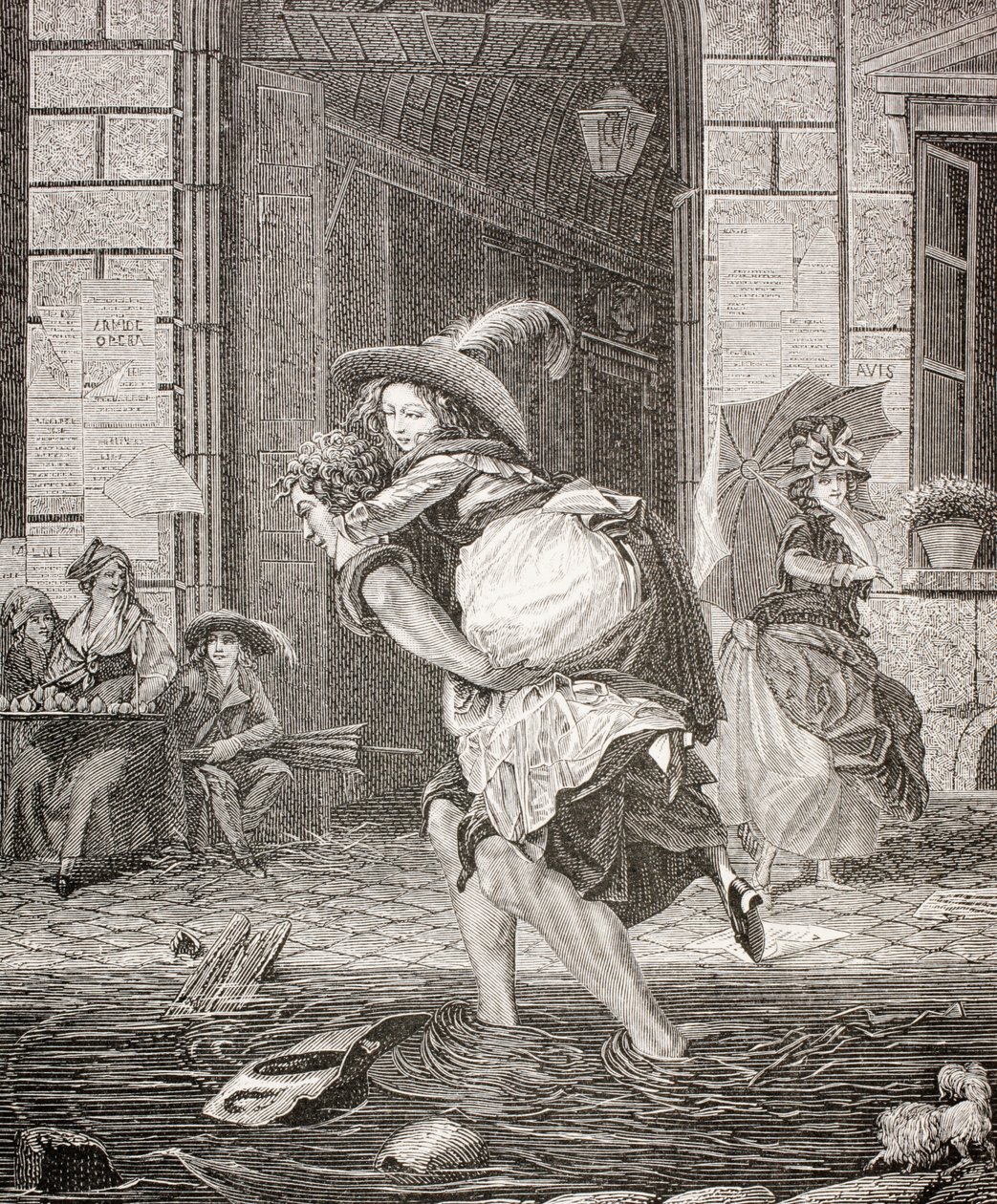Przewoźnik przeprowadzający kobietę przez ulicę w deszczowy dzień w XVIII-wiecznym Paryżu, 1875 r. autorstwa French School