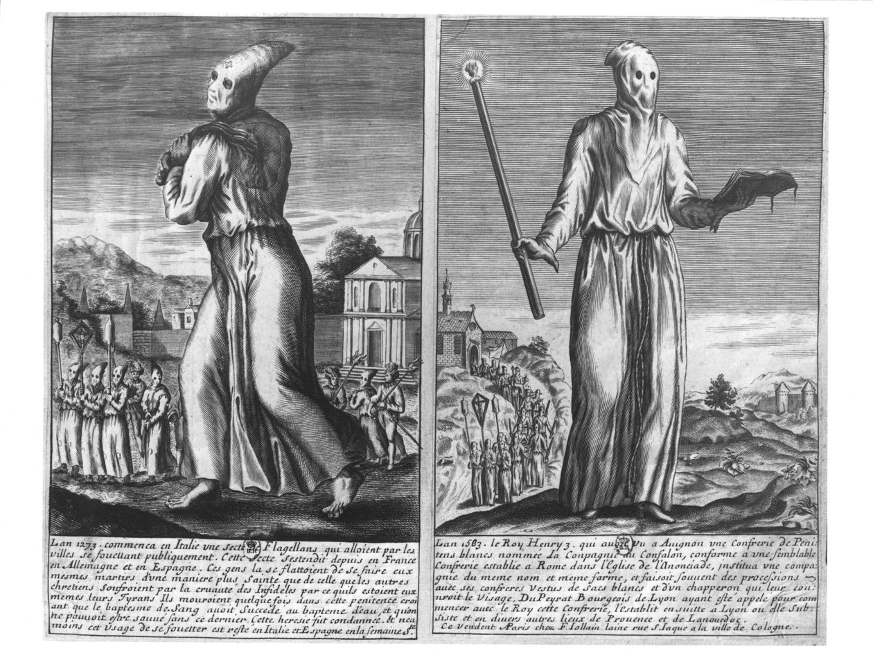 Biczujący mistrz prowadzi swoją grupę wyznawców przez miasto, z „Kronik rycerskich”, 1583 autorstwa French School