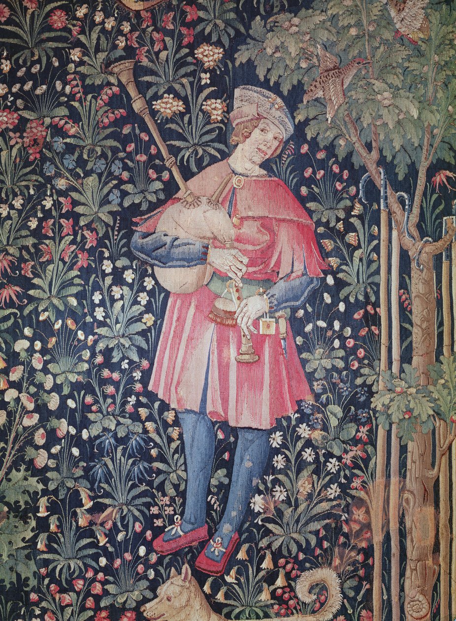 Człowiek grający na dudach, fragment z „La Danse”, część „La Noble Pastorale”, ok. 1500 (gobelin z wełny i jedwabiu) autorstwa French School