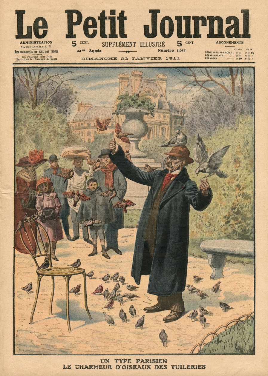 Typ paryski, zaklinacz ptaków z Tuileries, ilustracja z „Le Petit Journal”, dodatek illustre, 22 stycznia 1911 autorstwa French School