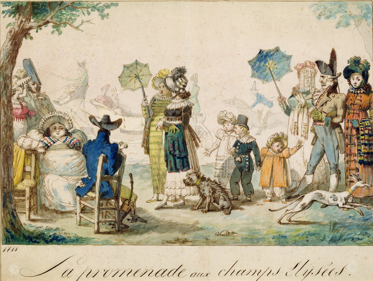 Spacer po Champ Elysees, 1811 (pióro i atrament i toaleta na papierze) autorstwa French School