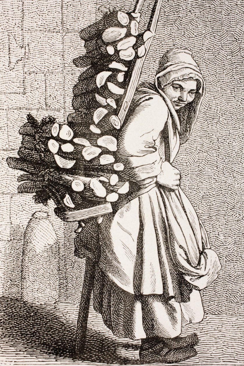 Kobieta niosąca drewno opałowe na sprzedaż w XVIII-wiecznym Paryżu, 1875 r autorstwa French School