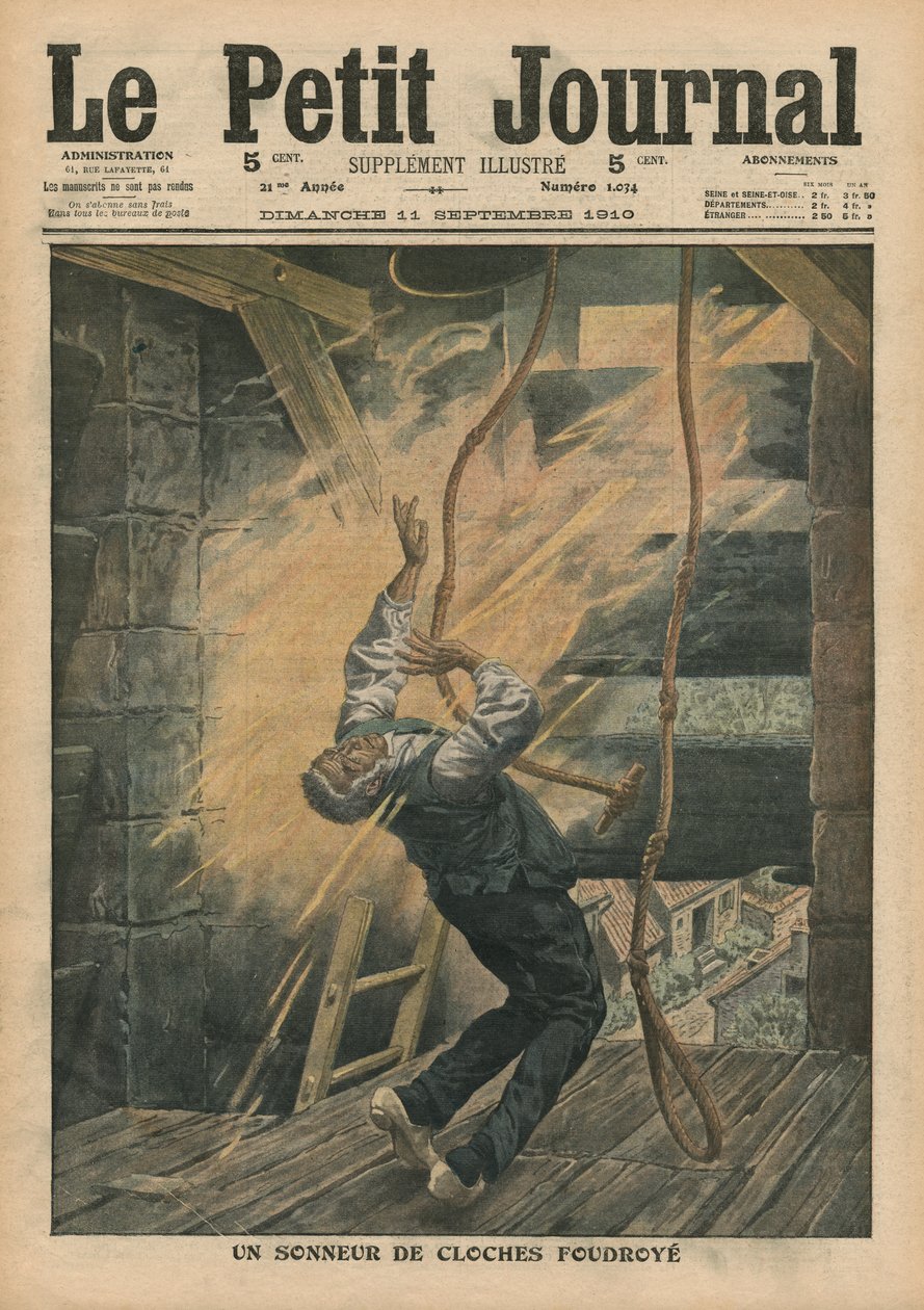 Dzwonnik uderzony piorunem, ilustracja z „Le Petit Journal”, dodatek illustre, 11 września 1910 autorstwa French School