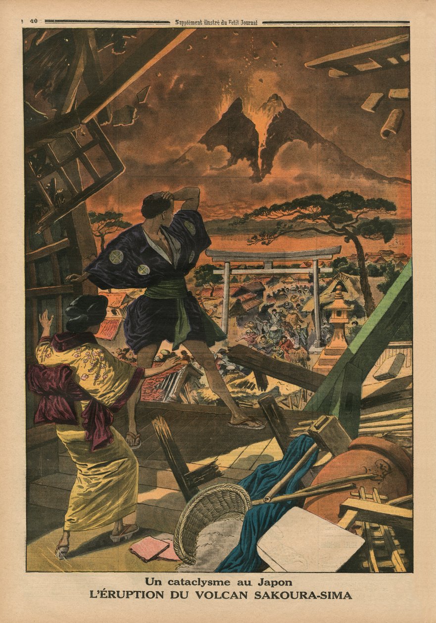 Kataklizm w Japonii, Erupcja wulkanu Sakura-jima, ilustracja na tylnej okładce z „Le Petit Journal”, dodatek illustre, 1 lutego 1914 autorstwa French School