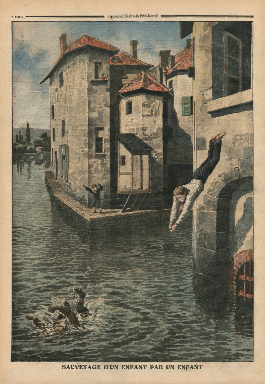 Dziecko ratujące drugie dziecko, ilustracja z „Le Petit Journal”, dodatek ilustr., 18 września 1910 autorstwa French School