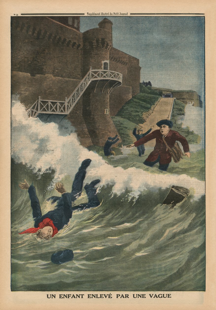 Dziecko zabrane przez falę, Saint-Malo, ilustracja na tylnej okładce „Le Petit Journal”, dodatek illustre, 1 marca 1914 autorstwa French School