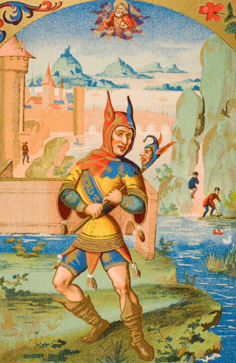 Nadworny głupiec, reprodukcja miniatury z XV-wiecznego rękopisu z „Le Moyen Age et La Renaissance” Paula Lacroix (1806-84) opublikowanej w 1847 r. autorstwa French School