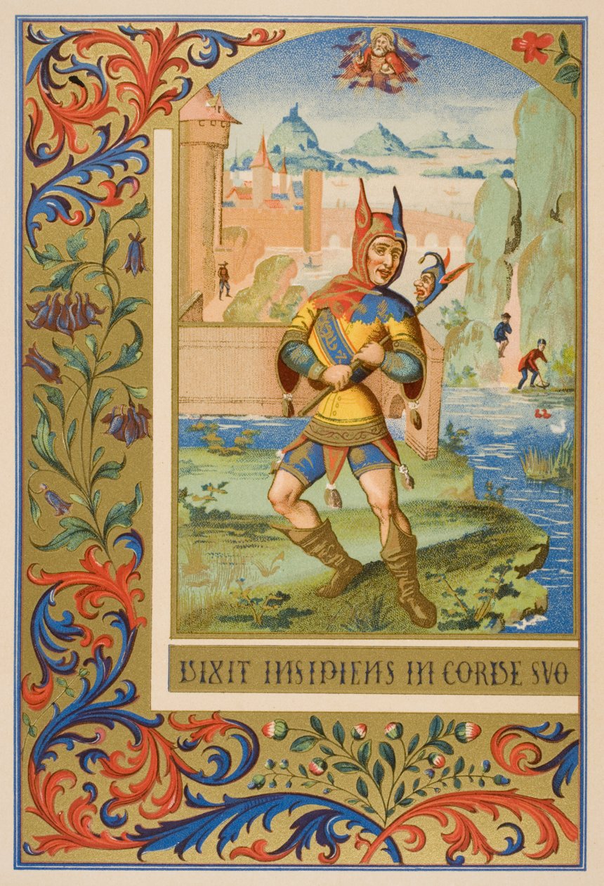 Nadworny głupiec, reprodukcja miniatury z XV-wiecznego rękopisu z „Le Moyen Age et La Renaissance” Paula Lacroix (1806-84) opublikowanej w 1847 r. autorstwa French School