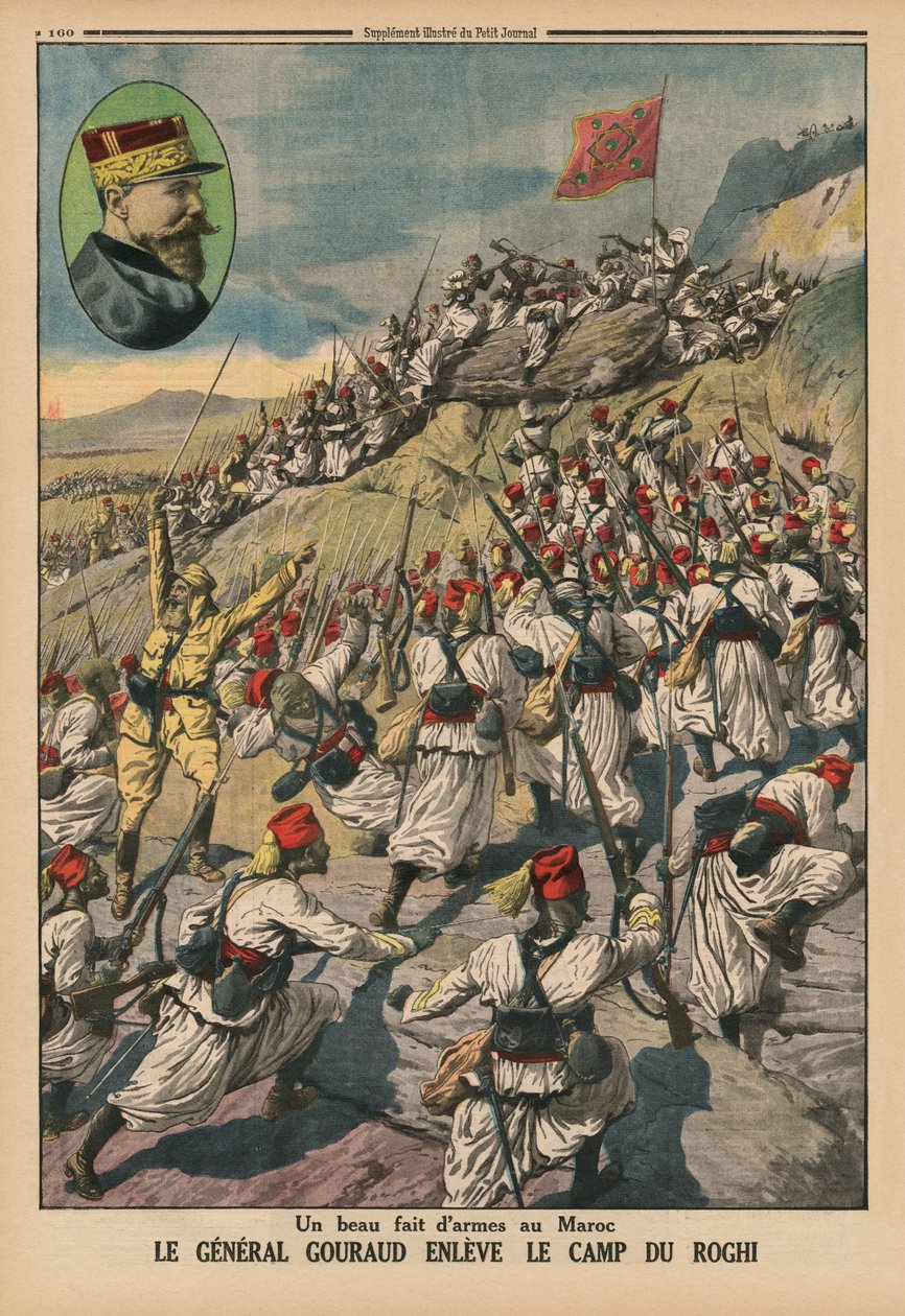 Wspaniały wyczyn broni w Maroku, generał Gouraud zdobywający obóz Roghi, ilustracja na tylnej okładce z „Le Petit Journal”, dodatek illustre, 26 maja 1914 autorstwa French School