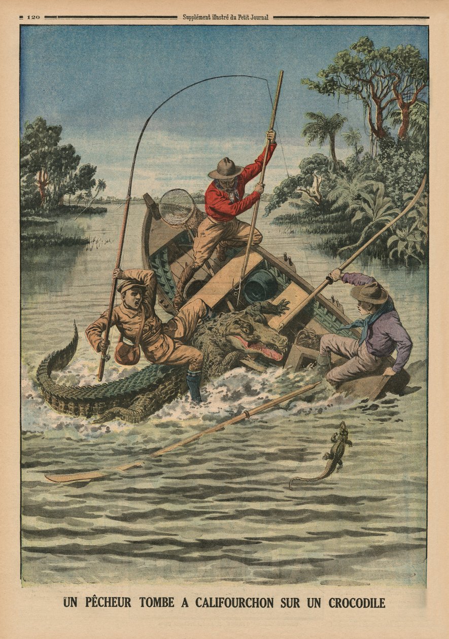 Rybak dosiadający krokodyla, ilustracja na tylnej okładce z „Le Petit Journal”, dodatek illustre, 12.04.1914 autorstwa French School