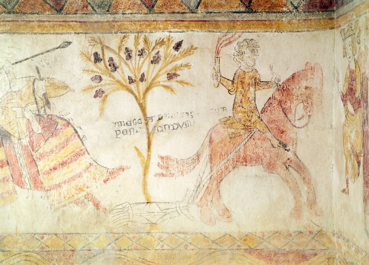 Rycerz z płonącą pochodnią ciągnący ciało króla Sycylii Manfreda (ok. 1232-66), 28 lutego 1266 r. autorstwa French School