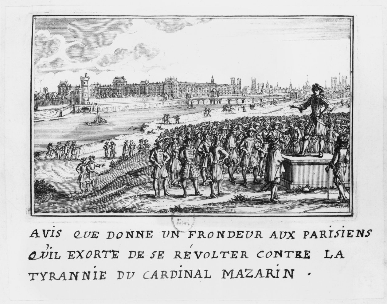 Człowiek z Frondy nawołujący paryżan do powstania przeciwko tyranii kardynała Mazarina 6 stycznia 1649 r. autorstwa French School