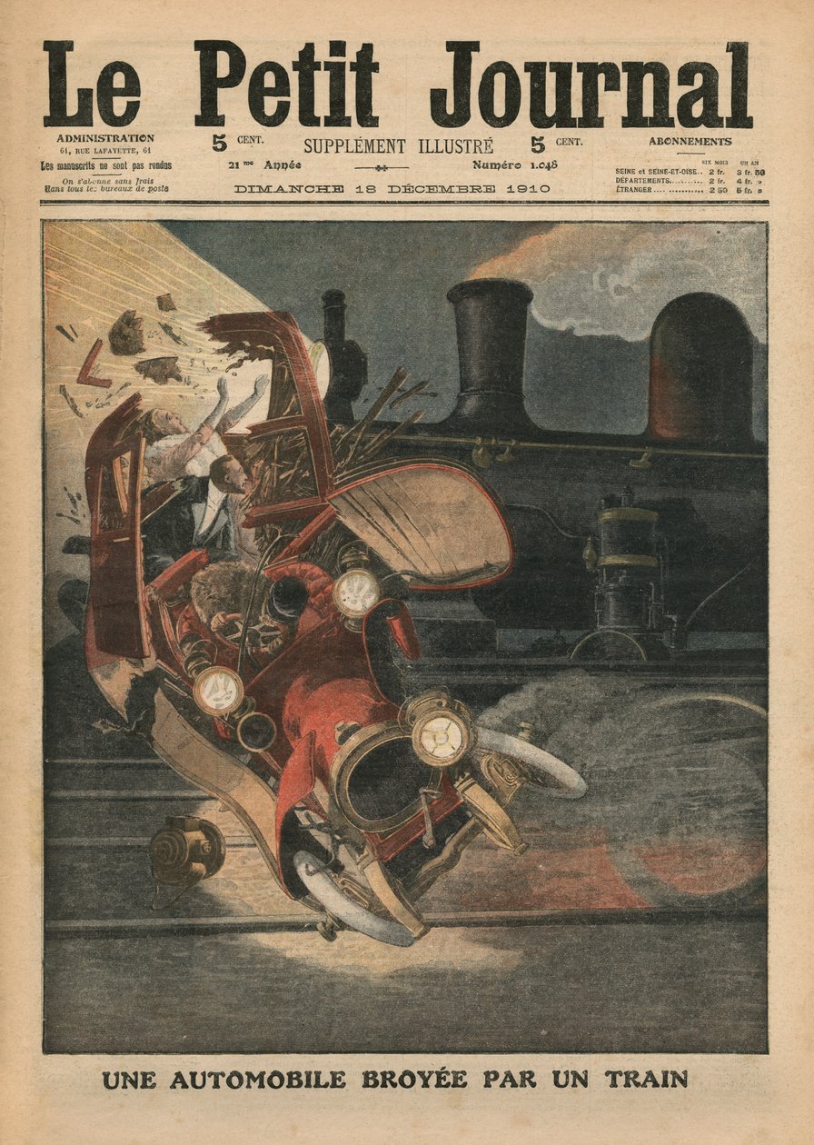 Samochód zmiażdżony przez pociąg, ilustracja z „Le Petit Journal”, dodatek illustre, 18 grudnia 1910 autorstwa French School