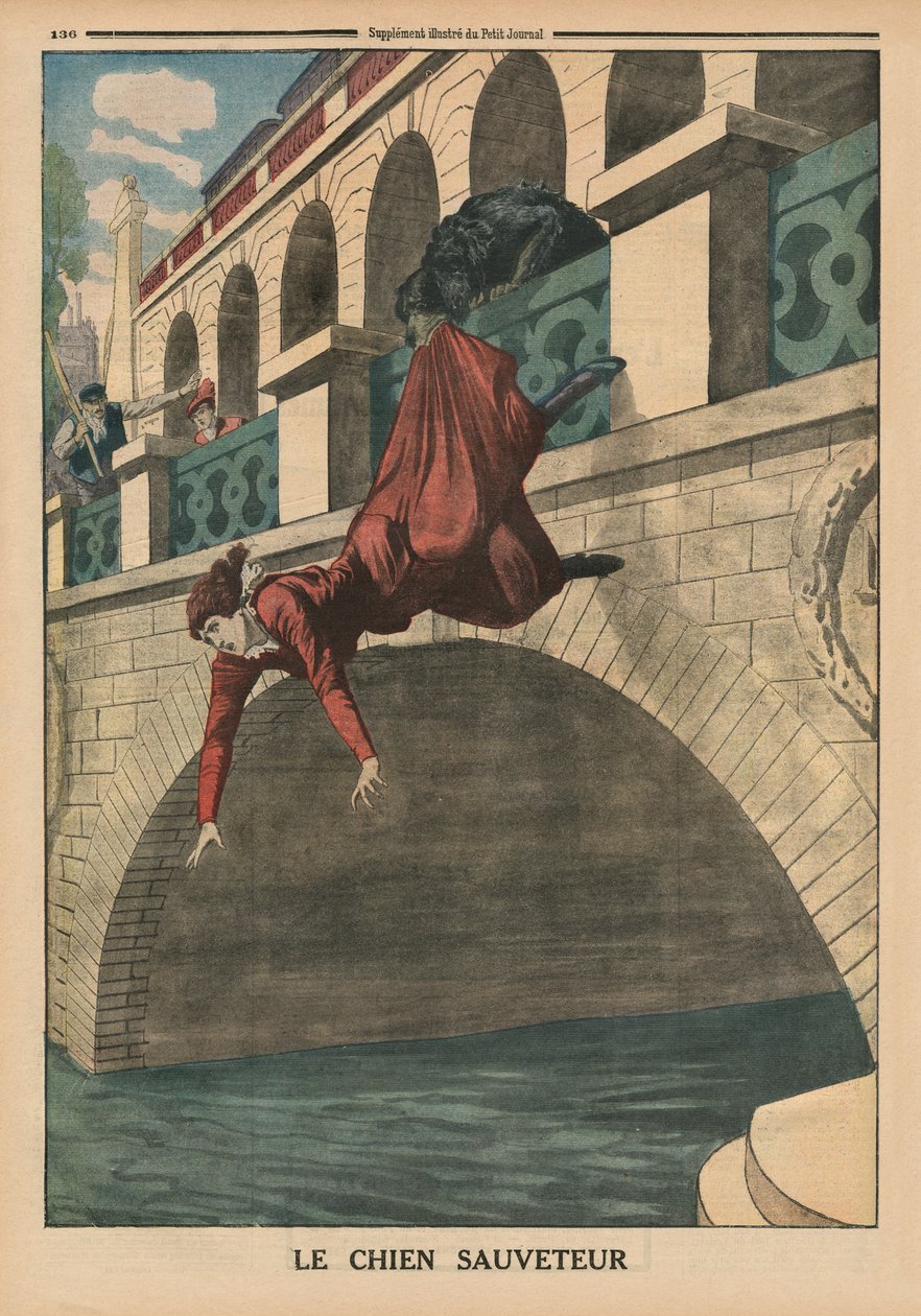 Ratujący się pies, ilustracja na pierwszej stronie okładki z "Le Petit Journal", supplement illustre, 26 kwietnia 1914 r. autorstwa French School