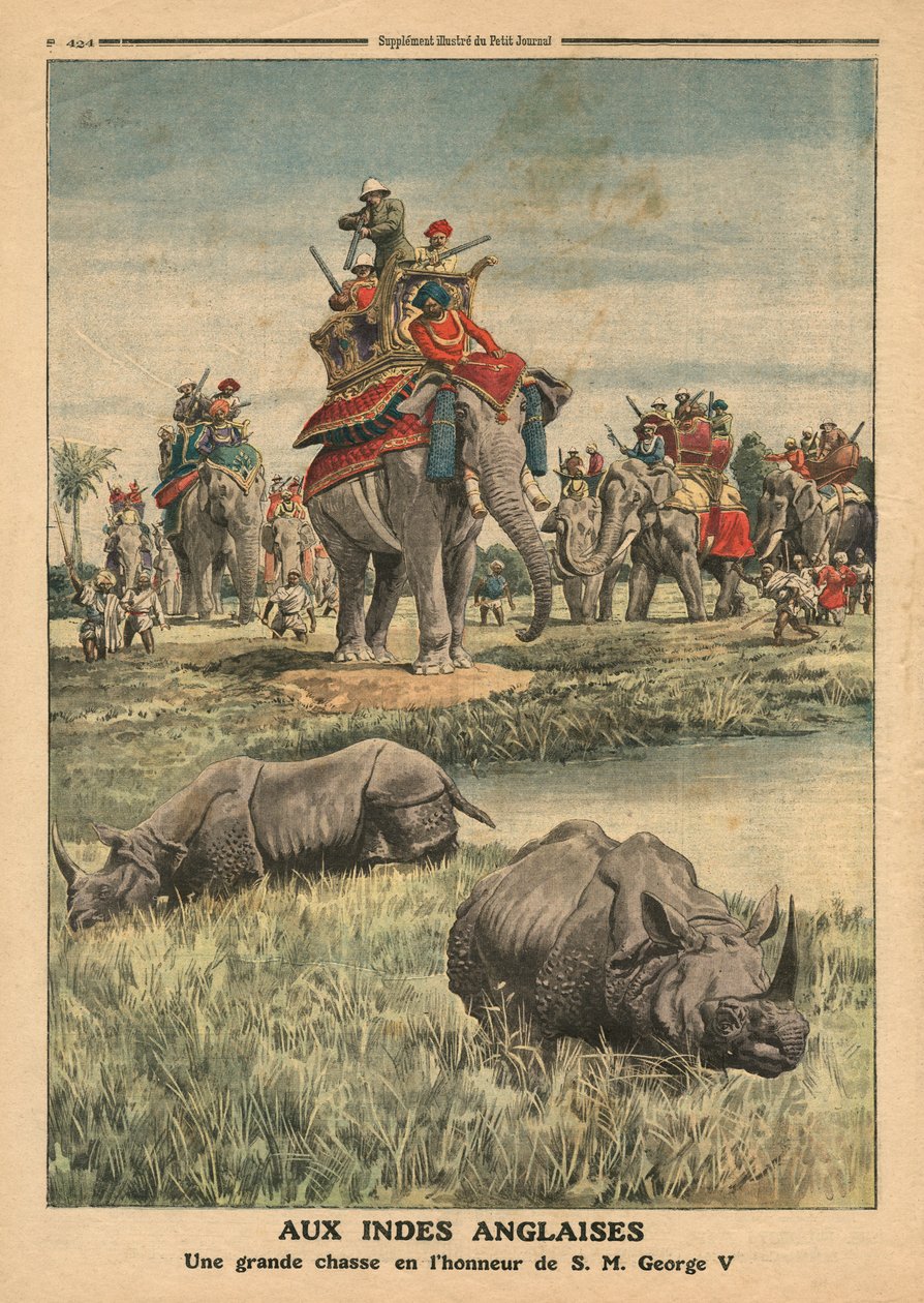 Polowanie na nosorożca ku czci króla Jerzego V (1865-1936), ilustracja z „Le Petit Journal”, dodatek illustre, 31 grudnia 1911 autorstwa French School
