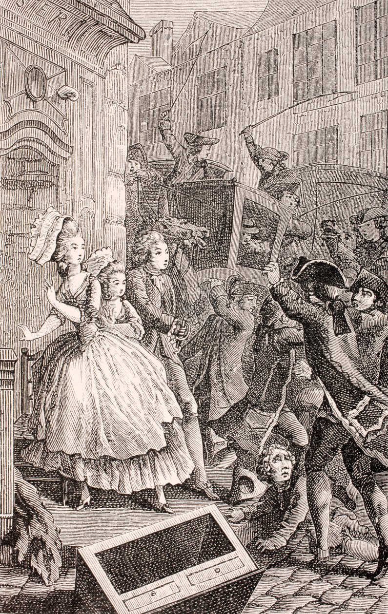 Awantura uliczna w Paryżu w XVIII wieku, z „XVIII Siecle Institutions, Usages et Costumes”, wyd. 1875 autorstwa French School