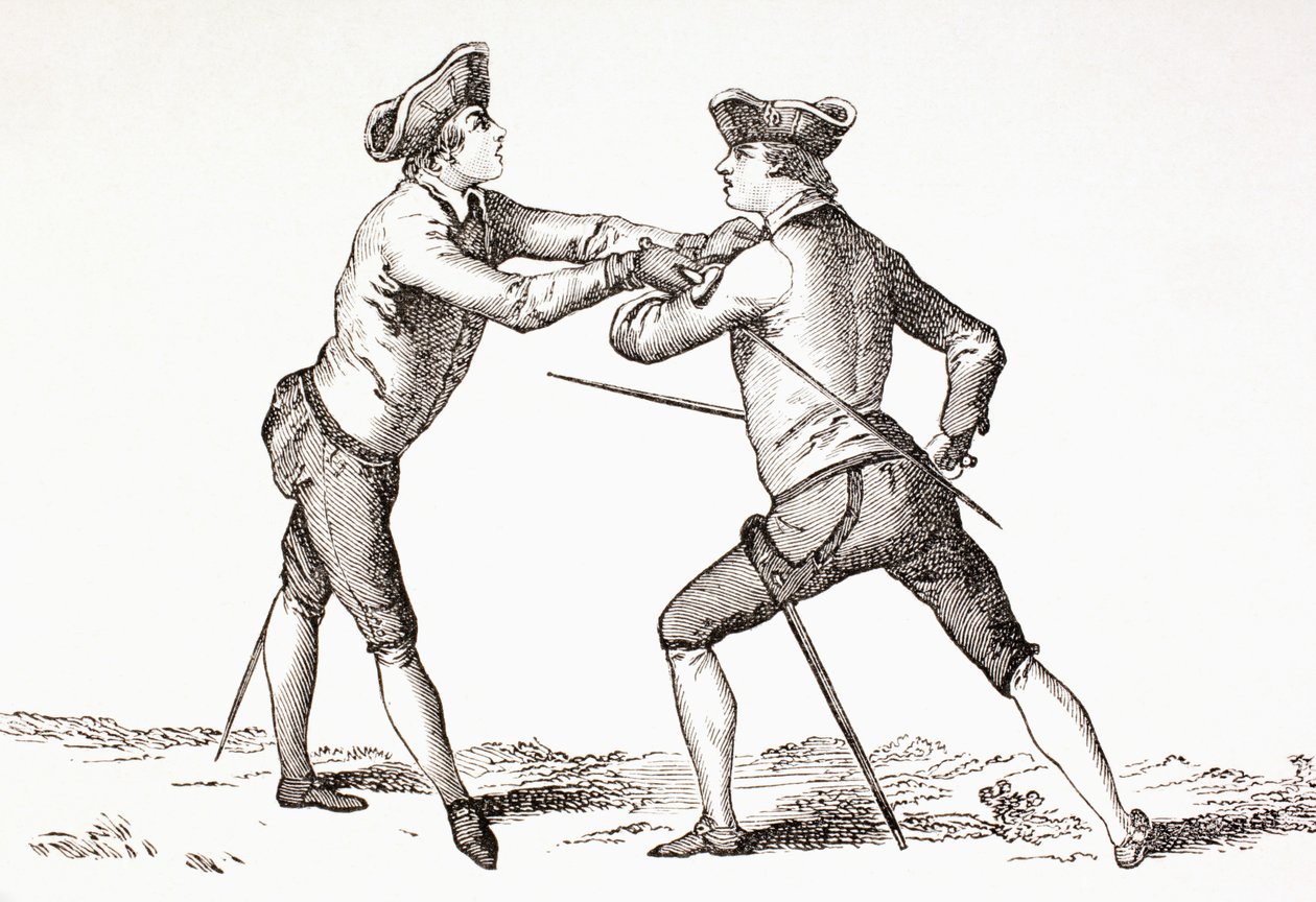 Szermierz, który ma rozbroić przeciwnika i jest w pozycji gotowej do pchnięcia, z „XVIII Siecle Institutions, Usages et Costumes”, opublikowanej w 1875 r. autorstwa French School