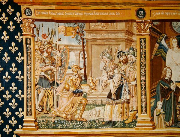 Abraham odbierający chleb i wino od Melchizedeka, fragment gobelinu poświęconego Eucharystii, 1510 autorstwa French School