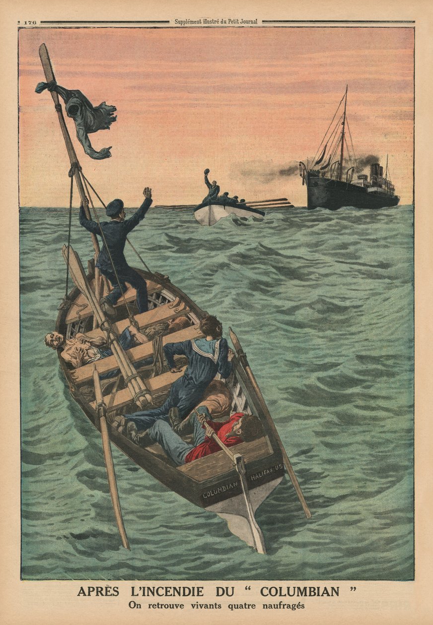 Po Kolumbijos gaisro keturi sudužę žmonės randami gyvi, galinio viršelio iliustracija iš „Le Petit Journal“, papildymo iliustracija, 1914 m. gegužės 31 d. autorstwa French School
