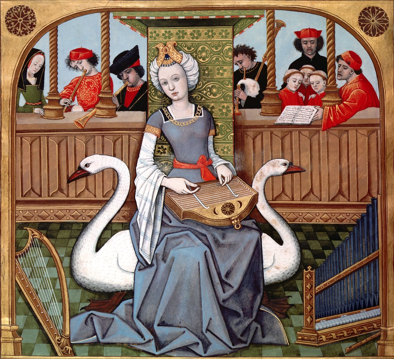 Alegoria muzyki, ms Francais 143 fol.65v z „Le Livre des Echecs Amoureux Moralités” Evrart de Conty ok. 1500 autorstwa French School