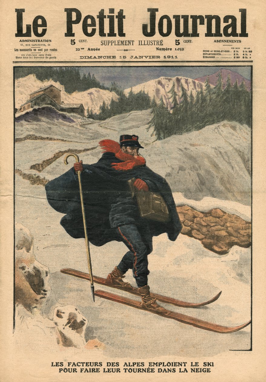 Alpejscy listonosze używający nart podczas obchodów na śniegu, ilustracja z „Le Petit Journal”, dodatek ilustr., 15 stycznia 1911 autorstwa French School