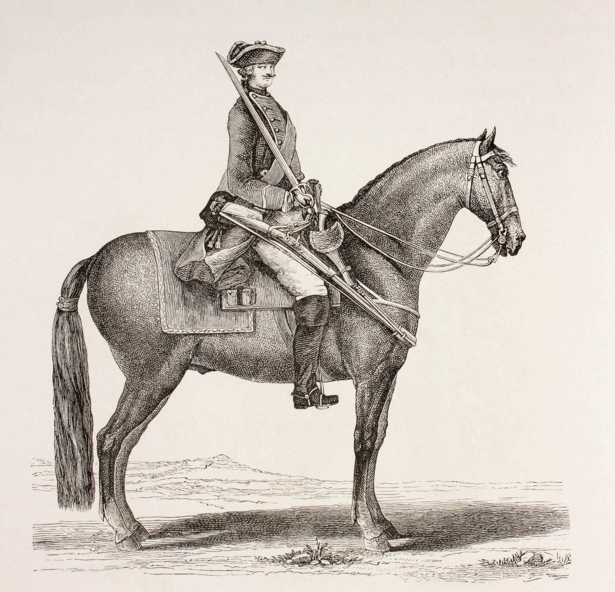 Francuski żołnierz kawalerii z XVIII wieku dosiadany ze swoją bronią, z „XVIII Siecle Institutions, Usages et Costumes”, opublikowanej w 1875 r. autorstwa French School