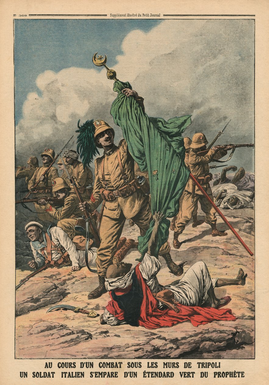 Włoski żołnierz chwytający zielony sztandar proroka Mahometa, ilustracja z „Le Petit Journal”, dodatek illustre, 12.11.1911 autorstwa French School
