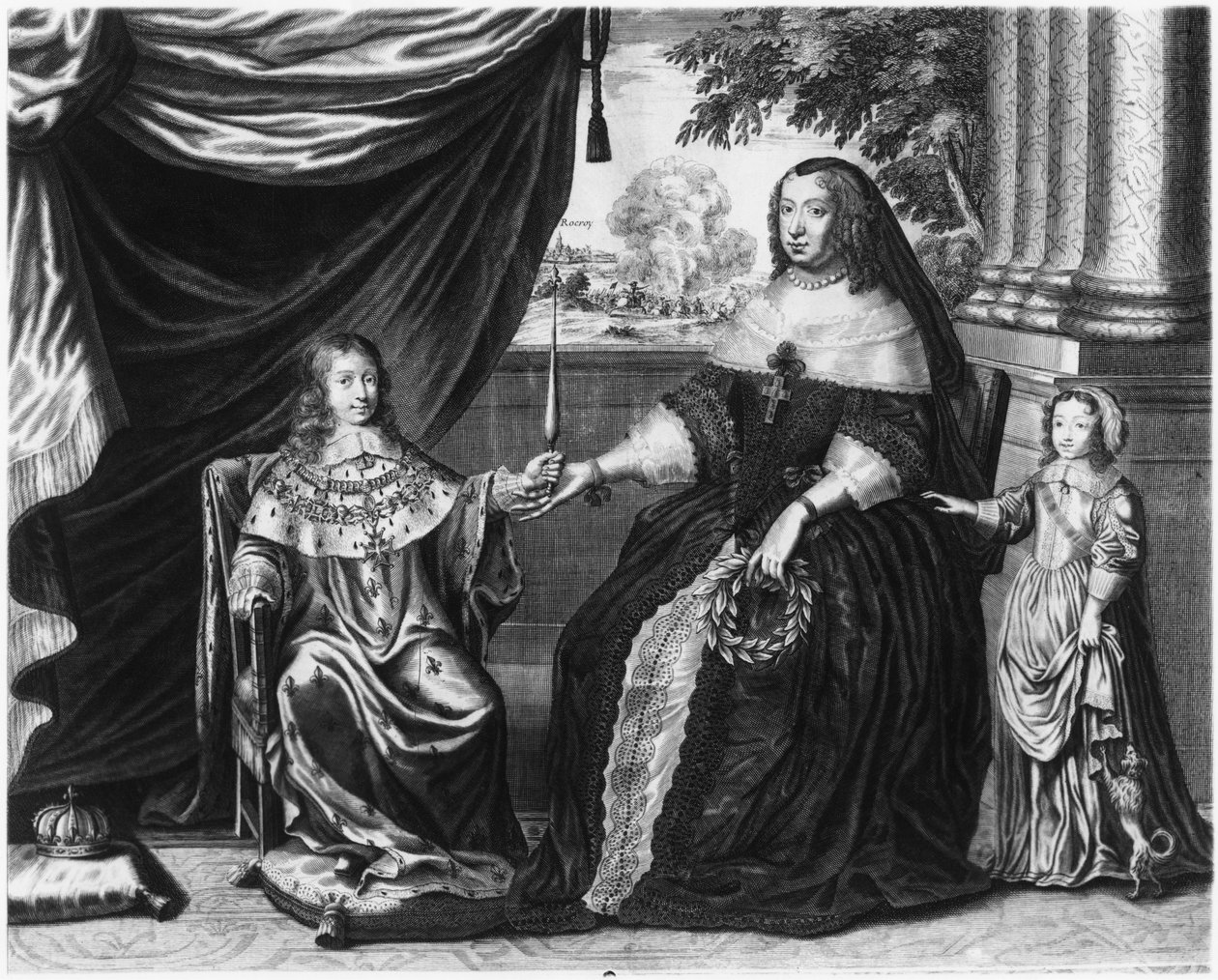 Anna Austriacka, królowa Francji i Nawarry oraz jej synowie, Delfin Ludwik Francji, późniejszy Ludwik XIV i Filip I, książę Orleanu, 1643 autorstwa French School