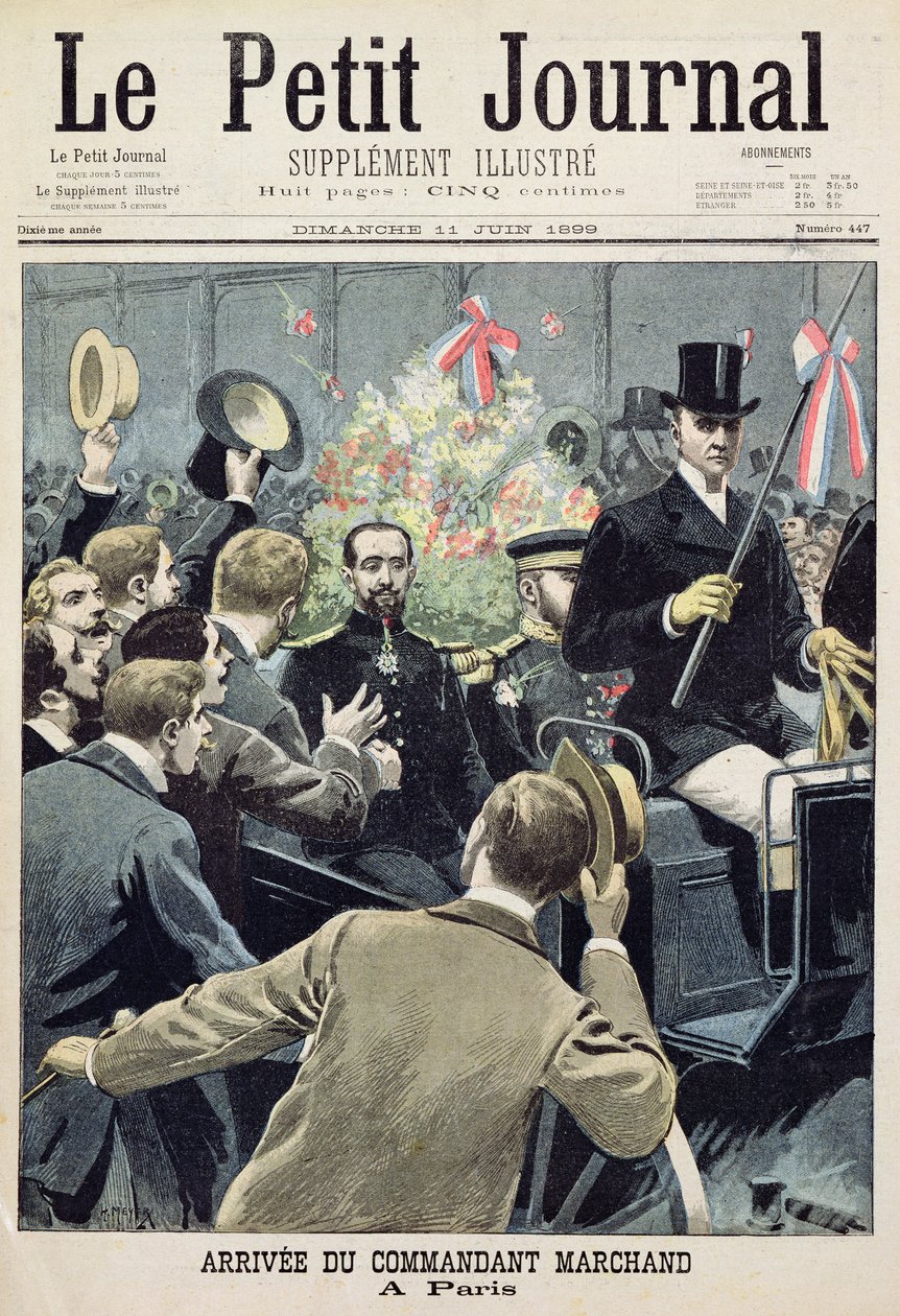 Przybycie komandora Marchanda do Paryża, strona tytułowa z „Le Petit Journal”, 11 czerwca 1899 (kolorowe grawerowanie) autorstwa French School