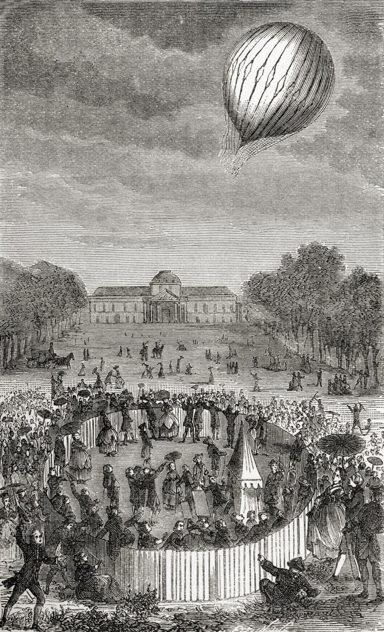 Lot balonem Karola nad Polami Marsowymi, z książki „Wonderful Balloon Ascents or the Conquest of the Skies”, autorstwa Fulgence Marion, opublikowanej w ok. 1870 r. autorstwa French School