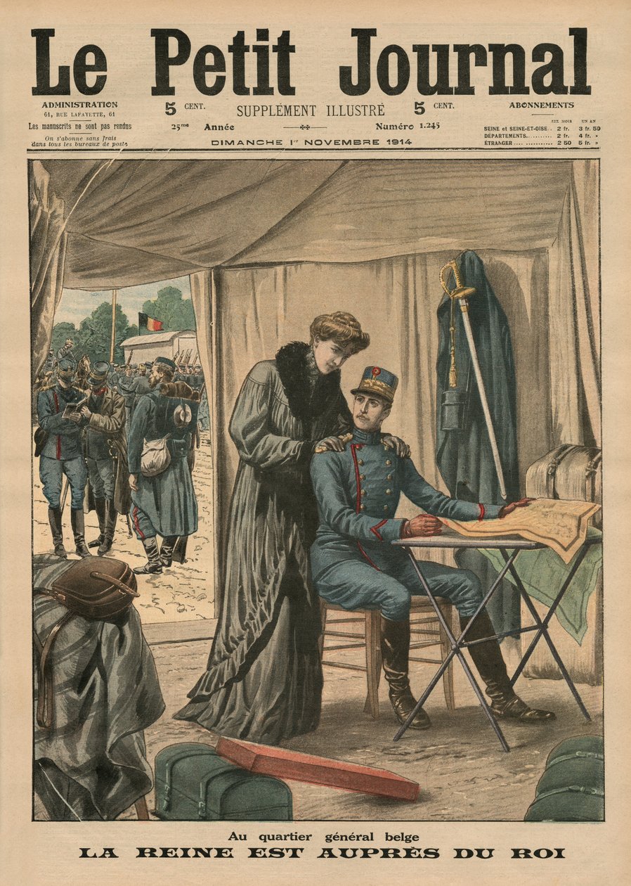 W belgijskiej centrali królowa przebywa z królem, ilustracja na okładce z „Le Petit Journal”, dodatek illustre, 1 listopada 1914 autorstwa French School