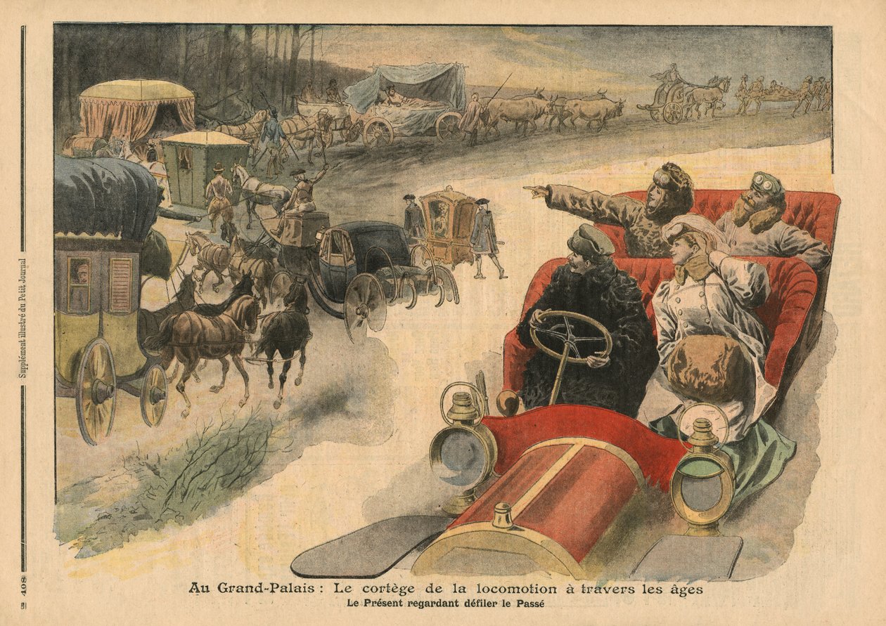 W Grand Palais, historia lokomocji na przestrzeni wieków, ilustracja z „Le Petit Journal”, dodatek illustre, 22 grudnia 1907 autorstwa French School