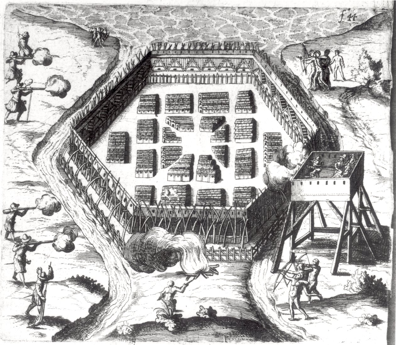 Atak na wioskę Irokezów z „Voyages de la France Occidentale, znanej jako Kanada” Samuela de Champlain (1567-1635) autorstwa French School