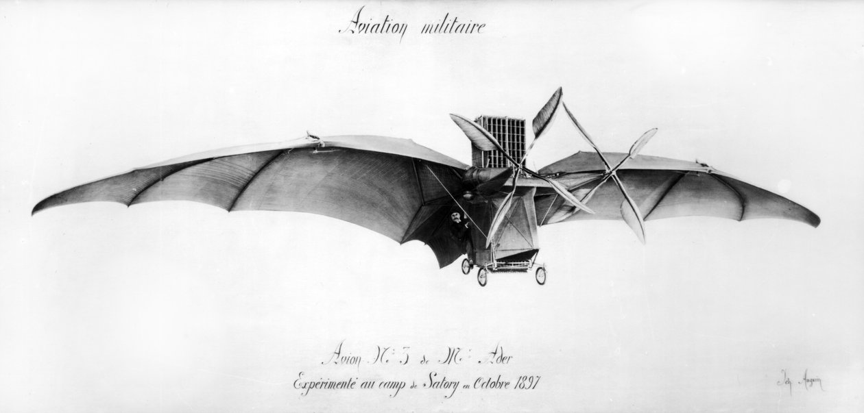 Avion III, "Nietoperz", zaprojektowany przez Clementa Adera (1841-1925) w obozie wojskowym Satory, październik 1897 autorstwa French School