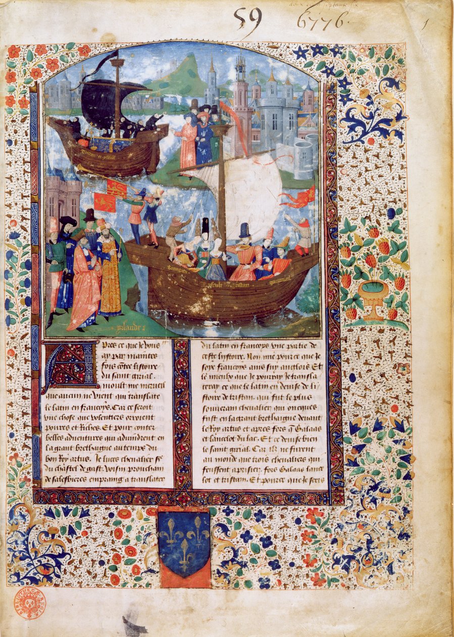 B.N.Ms. Ks 103 f.1 Tristan i Iseult opuszczają Irlandię; Tristan pije eliksir; ciała Tristana i Izoldy zostają sprowadzone do domu w Irlandii, przekład Luce de Gast autorstwa French School