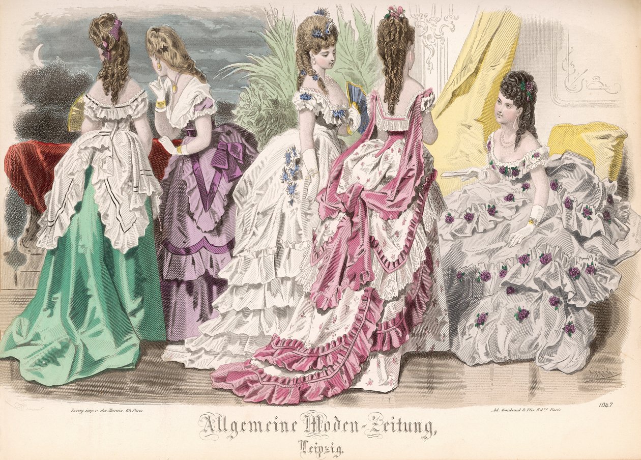 Suknie balowe, szyld z modą z „Allgemeine Moden-Zeitung”, Lipsk, 1872 autorstwa French School