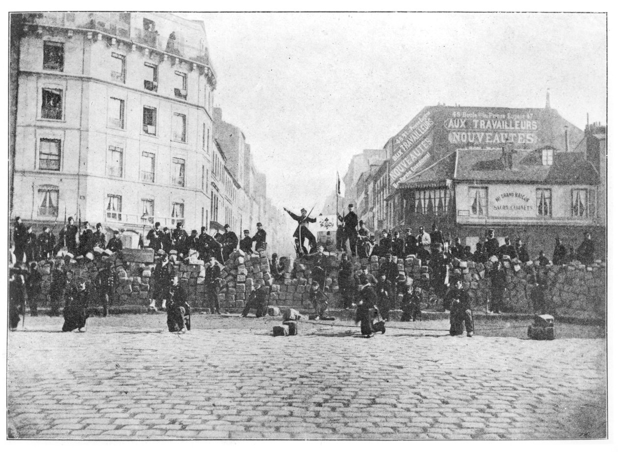 Barykada w Faubourg Saint-Antoine podczas Komuny, 18 marca 1871 r. autorstwa French School