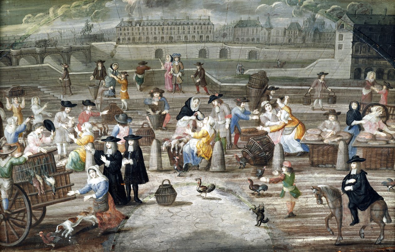 Targ chleba i drobiu na Quai des Grands Augustins, namalowany dla wachlarza (pióro i atrament i toaleta na papierze) autorstwa French School