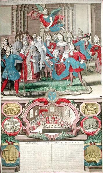 Kalendarz na rok 1716 przedstawiający Ludwika XV (1710-1774) z jego parlamentem, 12.09.1715, 1716 autorstwa French School