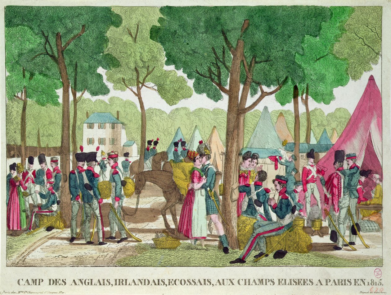 Obóz żołnierzy angielskich, irlandzkich i szkockich na Polach Elizejskich w 1815 r. autorstwa French School