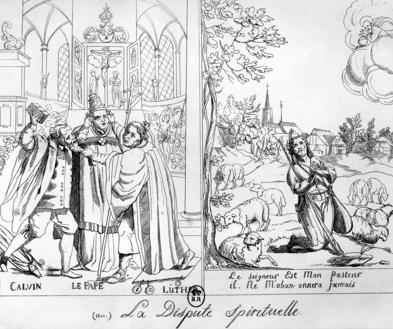 Karykatura przedstawiająca duchowy spór między papieżem Leonem X (1476-1521) Marcinem Lutrem (1483-1546) i Janem Kalwinem (1509-64) 1838 autorstwa French School