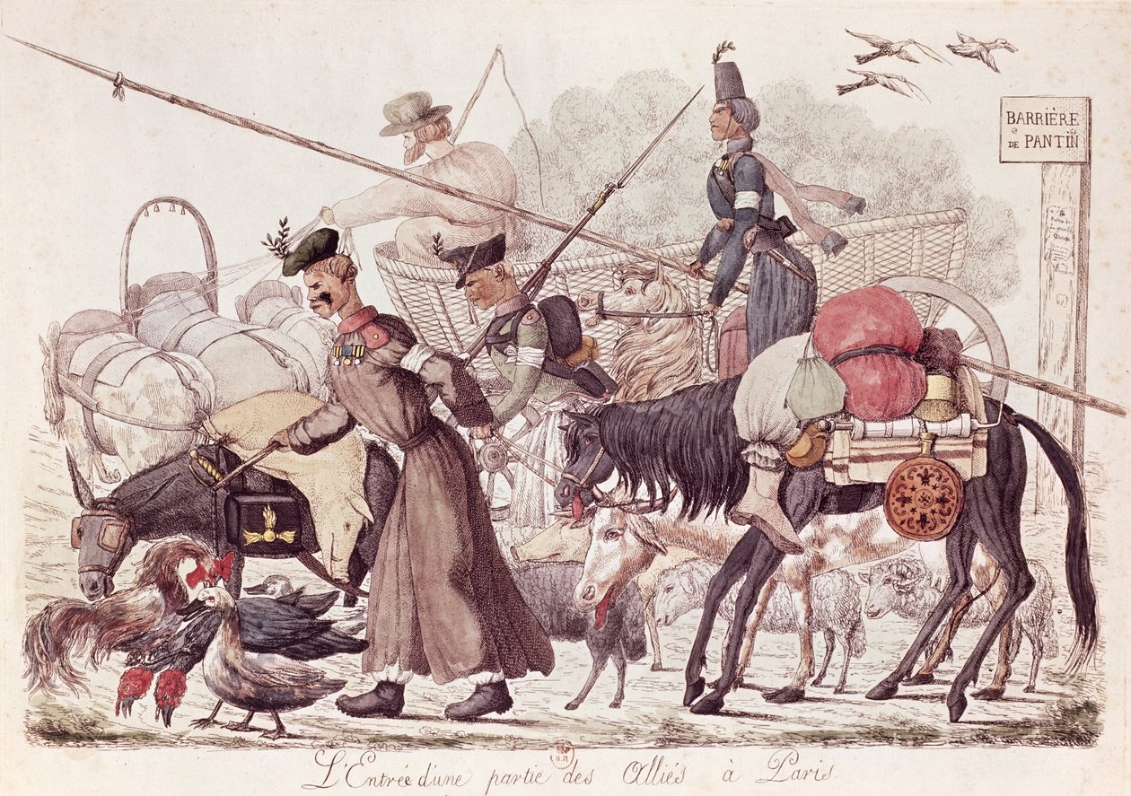 Karykatura przedstawiająca wjazd do Paryża części wojsk alianckich, 1814 (kolorowa akwaforta) autorstwa French School